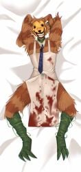 anthro armpit_hair blood blood_stain bodily_fluids body_hair body_pillow clothing erection erection_under_clothing genital_fluids hands_behind_head hi_res horrornsfw lorenzo_waterman_(the_walten_files) lying male murderer on_back pillow precum pumpkin_rabbit_(the_walten_files) solo spread_legs spreading the_mysterious_house the_return_of_the_pumpkin_rabbit the_walten_files