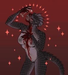 anthro argonian barbel_(anatomy) bethesda_game_studios blood blood_in_mouth blood_on_body blood_on_face blue_eyes bodily_fluids bra1nana breasts claws dasha_(saxhleelpunk) drinking drinking_blood female fin genitals glass hi_res lizard microsoft nipples nude open_mouth pouring_onto_self pussy reptile scales scalie simple_background solo tail teeth the_elder_scrolls vampire