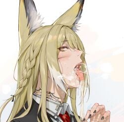 animal_ear_fluff animal_ears arknights black_nails blonde_female blonde_hair blonde_hair_female blowing_bubbles braid condom_play cum cum_bubble cum_drip cum_in_mouth cum_on_face drooling ear_fluff ear_tuft golden_eyes implied_fellatio kemonomimi laserflip open_mouth red_necktie red_tie rosaline scar_on_face stray_pubic_hair tagme tattoo tattooed_neck vulpisfoglia_(arknights)