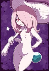 blush breasts female hair_over_one_eye holding little_witch_academia long_hair looking_at_viewer mushroom navel nipples nollety nude open_mouth pink_eyes pink_hair pussy round-bottom_flask sharp_teeth small_breasts solo standing straight_hair studio_trigger sucy_manbavaran test_tube uncensored