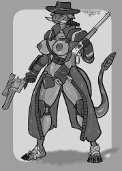 absurd_res anthro armor bandolier barefoot breasts canid canine canis claws clothed clothing coat combat_knife coyote fallout feet female female_anthro foot_wraps genitals gun handgun hi_res hybrid mammal maxner12 microsoft monochrome night_stalker_(fallout) nude nude_anthro nude_female pit_viper pussy ranged_weapon rattlesnake reptile revolver rifle scalie skimpy snake solo topwear trenchcoat unconvincing_armor viper weapon wraps