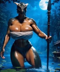 2025 abs ai_animation ai_generated animated anthro argonian bandages bethesda big_breasts breasts chest_wraps cleavage female furry holding_object holding_spear horn horns huge_breasts kling_ai lily_pad loincloth midriff moon moonlight navel night partially_submerged reptile scales scalie solo spear standing standing_in_water tagme the_elder_scrolls tree trees tribal underwear unknown_artist video walking water wet