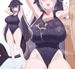 1boy 1girls animal_ears armpits arms_behind_head bare_arms barefoot black_hair black_one-piece_swimsuit breasts cetacean_tail closed_mouth covered_navel cum cum_on_clothes female fins fish_tail heart highres indie_virtual_youtuber large_breasts legs light-skinned_female light-skinned_male light_skin long_hair looking_at_viewer lost-phews mouth_hold multicolored_hair multiple_views one-piece_swimsuit open_mouth penis penis_under_another's_clothes purple_eyes shirt shylily smile solo_focus standing straight streaked_hair swimsuit tail testicles uncensored very_long_hair virtual_youtuber whistle whistle_around_neck white_shirt