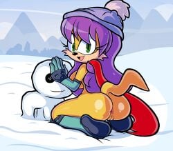 absurd_res anthro anus archie_comics ass blackmore clothed clothing female genitals hair happy herpestid hi_res looking_back mammal mina_mongoose mongoose nude partially_clothed purple_hair pussy scarf sega snow solo sonic_the_hedgehog_(archie) sonic_the_hedgehog_(comics) sonic_the_hedgehog_(series) tail tbh_creature winter