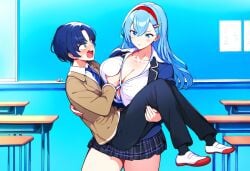 1boy ai_generated breast_grab breasts cleavage female huge_breasts large_breasts long_hair school_uniform size_difference smile