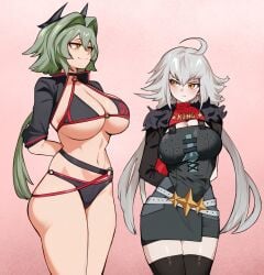 2girls angry annoyed arms_behind_back belt bikini blush breasts caesar_king_(zenless_zone_zero) clothes_writing cosplay costume_switch crossover fate/grand_order fate_(series) green_hair hair_between_eyes hair_ornament height_difference horn_ornament horns huge_breasts jacket jealous jeanne_alter jeanne_alter_(swimsuit_berserker) jeanne_d'arc_(fate) jeanne_d'arc_alter_(fate) jeanne_d'arc_alter_(swimsuit_berserker)_(fate) long_hair looking_at_another multiple_girls size_comparison size_difference smile smug someone19912 star_(symbol) swimsuit tall_female thick_thighs thighhighs thighs white_hair wide_hips yellow_eyes zenless_zone_zero