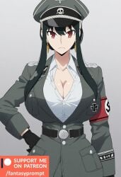 ai_generated angry anime belt black_hair breasts_bigger_than_head breasts_squeezed_together cleavage fantasyprompt female female female_only gigantic_breasts gloves huge_breasts long_hair military military_hat military_uniform narrow_waist nazi nazi_uniform red_eyes serious slim_waist spy_x_family swastika tight_clothing white_shirt wide_hips yor_briar yor_forger