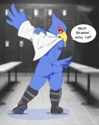 2015 anthro ass avian backsack balls beak bench bird blue_balls blue_eyes blue_feathers blush boots bottomless clothed clothing depth_of_field detailed_background dialogue digital_media_(artwork) dressing english_text eye_markings eyebrows falco_lombardi feathers footwear hi_res inside jacket locker locker_room looking_at_viewer looking_back male male_only markings nintendo nude open_mouth permavermin raised_heel rear_view shadow solo speech_bubble standing star_fox tail_feathers talking_to_viewer text tongue video_games voyeur