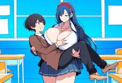 1boy ai_generated breast_grab breasts cleavage female huge_breasts large_breasts long_hair school_uniform size_difference smile