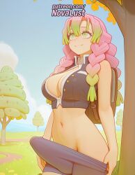 1futa 2025 ai_generated artist_name bag braid breasts bust chest cleavage cloud cowboy_shot day demon_slayer futanari gradient_hair green_eyes green_hair haori heart hi_res high_quality high_resolution highres intersex japanese_clothes kanroji_mitsuri kimetsu_no_yaiba long_hair mole mole_under_eye multicolored_hair navel novalust outdoors patreon patreon_username pink_hair sky smile solo stable_diffusion unbuttoned uniform watermark
