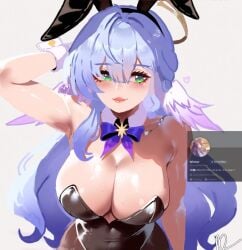 blush blushing_female bunny_ears bunnysuit female female_only honkai:_star_rail large_breasts paizuri robin_(honkai:_star_rail) wings wings_on_head