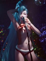 1girls blue_hair christmas christmas_outfit karaoke kda league_of_legends public_nudity see-through seraphine_(league_of_legends) tipsynd