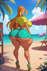 1girls 2d 4kids_entertainment ai_generated ass_bigger_than_head beach bracelet breasts_bigger_than_head brown_eyes brown_hair earrings flora flora_(winx_club) giant_ass giant_breasts high_heels hips_wider_than_shoulders hotcartoonai huge_ass huge_breasts hyper_ass hyper_breasts latina long_hair looking_at_viewer nickelodeon outdoors platform_heels rainbow_(animation_studio) skirt tan_body thick_thighs tropical wide_hips winx_club