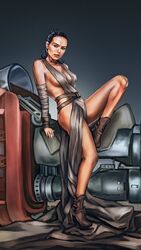 1girls actress boots breasts brown_hair celebrity cleavage covered_breasts daisy_ridley female female_only hips large_breasts legs long_hair rey shoes sideboob solo speeder speeder_bike star_wars the_force_awakens thighs