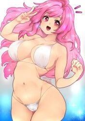 :d arms_up bikini cameltoe dated large_breasts notice_lines rasis signature smile sound_voltex thick_thighs v white_bikini wide_hips