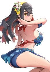 1girls absurdres alternate_costume ass bare_shoulders bikini black_hair blue_bikini blue_sarong blush breasts carmine_(pokemon) closed_mouth colored_inner_hair crossed_bangs female flower gonzarez hair_between_eyes hair_flower hair_ornament hairband highres large_breasts long_hair looking_at_viewer multicolored_hair nintendo pokemon pokemon_sv red_hair sarong sideboob simple_background swimsuit two-tone_hair wet white_background yellow_eyes yellow_hairband