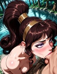 1boy ai_generated ass blush body_freckles breasts brown_hair clothed_male_nude_female clothes_pull collarbone completely_nude day deepthroat disney disney_princess fellatio female female forest freckles greek_mythology hairband hercules_(disney) jousneystudio lake large_breasts long_hair looking_at_another looking_up makeup male medium_breasts megara nature nose_blush nude oral outdoors pants_pull penis ponytail purple_eyes river rock shiny_skin sidelocks solo_focus straight testicles tree veins veiny_penis water