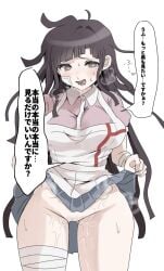 apron bandaged_leg bandages bandaid bandaid_on_face black_hair blush breasts clothes_lift collared_shirt commentary danganronpa danganronpa_(series) danganronpa_2:_goodbye_despair female flying_sweatdrops ikemen'na_ore-shi large_breasts long_hair mole mole_under_eye pink_shirt puffy_short_sleeves puffy_sleeves shirt short_sleeves simple_background skirt skirt_lift smile solo sweat translation_request tsumiki_mikan two-tone_shirt white_background