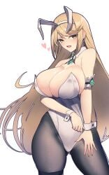 1girls big_breasts black_legwear black_panties blonde_hair blush breasts bunny_ears bunnysuit cleavage core_crystal female female_only hand_on_leg heart_symbol latex long_hair looking_at_viewer mythra mythra_(xenoblade) nintendo open_mouth solo xenoblade_(series) xenoblade_chronicles_2 ya2taic