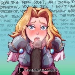 bedbug_(artist) blonde_female blonde_hair blue_eyes cum_in_mouth fully_clothed interracial league_of_legends looking_at_viewer luxanna_crownguard oral pov_eye_contact talking_to_viewer