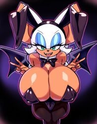 1girls bat_wings big_breasts big_ears black_bunnysuit blue_eyeshadow bunny_costume bunny_ears bunnysuit bunnysuit_rouge_(trend) dark-skinned_female eyelashes female female_only fishnet_legwear gloves green_eyes half-closed_eyes huge_breasts rouge_the_bat sega sonic_(series) sonic_the_hedgehog_(series) thecon thin_waist white_fur wide_hips