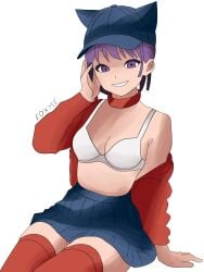 1girls blue_eyes blue_hair bra cap cappie_(miside) collar foxyle half_naked jacket looking_at_viewer miside mita_(miside) purple_eyes purple_hair simple_background skirt smile solo white_bra