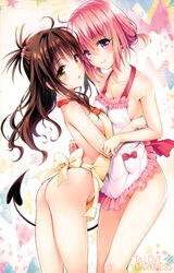 2girls absurdres apron arched_back ass beads breasts brown_eyes brown_hair demon_tail fingernails flat_chest hair_beads hair_ornament highres long_fingernails looking_at_viewer medium_breasts momo_velia_deviluke multiple_girls naked_apron pink_hair purple_eyes scan short_twintails smile tail tied_hair to_love-ru to_love-ru_darkness twintails yabuki_kentarou yuuki_mikan