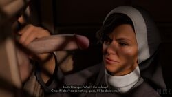 1girls 3d 3d_(artwork) church confession_booth english english_text female gina_lombardi glory_hole indiana_jones_and_the_great_circle light-skinned_female light-skinned_male light_skin nun_outfit part_of_a_set penis quick_e