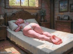 ai_generated art ass ass_focus atmospheric barefoot bed bedroom feet female foot_fetish foot_focus gigatsu mina_ashido my_hero_academia panties pink_hair pink_skin sleeping sole_female soles toes