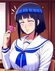 1girls ai_generated blush classroom condom female holding_condom hyuuga_hinata ivanko large_breasts naruto naruto_shippuden purple_eyes school_uniform serafuku short_hair