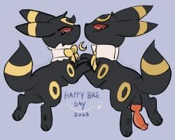 2023 animal_genitalia animal_penis balls bloowolfy canine_genitalia canine_penis clothed clothing duo eeveelution female feral generation_2_pokemon genitals hi_res knot male nintendo penis pokemon pokemon_(species) purple_background pussy simple_background umbreon umbreon_day