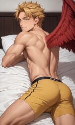 1boy ai_generated arm_support ass ass boku_no_hero_academia boxer_briefs boxers_(clothing) bsky_link bulge dvxxxgrai facial_hair gay hawks_(my_hero_academia) keigo_takami looking_back lying_on_stomach male male_only male_underwear mature_male my_hero_academia on_bed pixai pony_diffusion_xl red_wings solo solo_male stubble tagme takami_keigo toned toned_body toned_male topless topless_male twitter_link underwear underwear_only wings yaoi yellow_eyes yellow_hair yellow_male_underwear