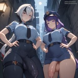 2futas ai_generated arlecchino_(genshin_impact) futa_with_futa futanari genshin_impact huge_cock looking_at_viewer pasart police police_uniform policewoman raiden_shogun standing