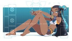 alternate_version_at_paywall arm_band barefoot bikini blue_eyes blue_hair clothed dark-skinned_female dark_skin earrings feet gym_leader highres legs midriff multicolored_hair nessa_(pokemon) playmat pokemon pokemon_ss pokemon_tcg sfw tobias_wheller waist_chain