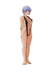 arms_behind_back doekuramori eyebrows feet fingernails full_body hair_between_eyes martyr_(the_citadel) match navel official_art one-piece_swimsuit open_mouth purple_eyes purple_hair slingshot_swimsuit standing swimsuit teeth the_citadel the_martyr toenails toes tomboy transparent_background