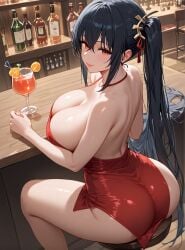 ahoge ai_generated alcohol ass azur_lane back backless_outfit bangs bar_(place) bare_arms bare_shoulders black_hair blush breasts clavicle cleavage closed_mouth clothing cocktail_dress cup dress drink drinking_glass eyebrows_visible_through_hair female female female_only from_behind hair_between_eyes hair_ornament hair_ribbon high_resolution holding huge_breasts indoors jewelry large_breasts long_hair looking_at_viewer looking_back no_bra parted_lips ponytail red_dress red_eyes ribbon side_ponytail sideboob sidelocks sitting smile solo stool table taihou_(azur_lane) thighs tied_hair twintails very_long_hair yuyumiai