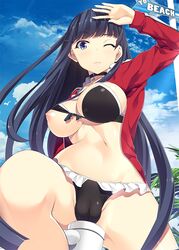 ;( bad_anatomy bangs bikini bikini_under_clothes black_bikini blue_eyes blue_sky blunt_bangs blush breasts cameltoe choker cloud cloudy_sky covered_nipples cross day eyebrows_visible_through_hair fate/grand_order fate_(series) female fingernails frills front-tie_top groin hand_up homura_k jacket jewelry large_breasts long_hair long_sleeves looking_at_viewer navel nipples one_breast_out open_clothes open_jacket palm_tree palms pendant red_jacket road_sign saint_martha shading_eyes sign sky solo stomach strap_gap swimsuit tree very_long_hair