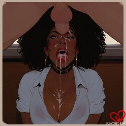 1boy 1girl african african_female afro after_oral ai_generated balls big_lips bleached bleachedr34 blouse choker cleavage collar cum cum_in_mouth cum_on_breasts cum_on_face dark-skinned_female dark_skin earrings female hi_res hoop_earrings human incase_(style) interracial large_breasts large_cock light-skinned_male light_skin male male_orgasm mouth_open one_eye_closed original_character penis self_upload submissive_female sweaty viewed_from_below