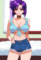 2d ai_generated animahjong animahjong_x breasts cleavage female female_focus female_only indoors miyabi_(anihmahjong) purple_hair short_hair shorts solo solo_female solo_focus tagme