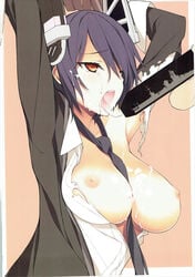 1boy after_fellatio areolae arms_up between_breasts blush bondage bound bound_arms breasts breasts_out censored cleavage cum cum_in_mouth cum_on_body cum_on_upper_body cum_string eyebrows_visible_through_hair facial female highres kantai_collection kikuchi_seiji looking_at_another medium_breasts necktie necktie_between_breasts nipples no_eyepatch open_mouth penis purple_hair scan school_uniform shirt solo_focus tenryuu_(kantai_collection) tongue tongue_out torn_clothes torn_shirt yellow_eyes