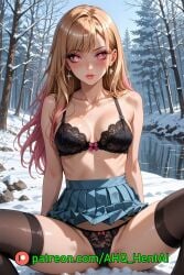 ahq_hentai ai_generated black_bra blush breasts forest gyaru kitagawa_marin my_dress_up_darling sitting skirt smile snow spread_legs stable_diffusion stockings underwear