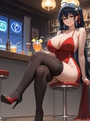 ahoge ai_generated alcohol alternative_costume arm_support azur_lane bangs bar_(place) bare_shoulders black_footwear black_hair black_legwear black_thighhighs blush bracelet breasts chair clavicle cleavage closed_mouth clothing cocktail_dress crossed_legs cup dress drink drinking_glass earrings female female female_only footwear hair_between_eyes hair_ornament high_heels high_resolution holding holding_cup huge_breasts ice indoors jewelry large_breasts legs legwear long_hair looking_at_viewer night one_side_up parted_lips red_dress red_eyes red_footwear shoes side_slit sidelocks sitting sleeveless_dress smile solo stool taihou_(azur_lane) thighhighs thighs tied_hair very_long_hair window wine wine_glass yuyumiai