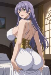 1girls ai_generated aindroidparanoid athena_(saint_seiya) bed dat_ass earrings female goddess gold_jewelry grabbing_ass green_eyes hi_res huge_ass huge_breasts jewelry long_hair looking_at_viewer looking_back no_canon one_eye_closed purple_hair rear_view saint_seiya saint_seiya:_the_lost_canvas sasha_(saint_seiya) solo spinoff teenager voluptuous white_dress