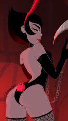 1girls 2017 artist_name ashi_(samurai_jack) ass bare_shoulders big_ass big_breasts black_eyes black_hair blushmallet breasts bunny_ears bunny_girl bunny_tail bunnysuit cartoon_network choker clothing daughters_of_aku elbow_gloves eyebrows eyelashes female female_focus female_only fishnet_legwear fishnets gloves hair happy_female horny_female kusarigama leotard lips lipstick nose red_background red_lipstick samurai_jack skimpy solo solo_female solo_focus standing thighhighs thighs villainess weapon