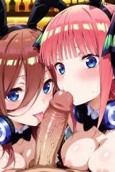 ai_generated bar_(place) breasts_out bunny_girl cooperative_fellatio fellatio ffm_threesome go-toubun_no_hanayome large_breasts large_penis licking_penis nakano_miku nakano_nino nipples saliva threesome uncensored