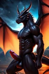 ai_generated anthro balls black cock dragon erect gay horns male muscular naked nude penis scales solo spikes tail wings