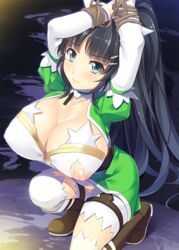 black_hair bondage bound bound_wrists breasts cleavage cosplay female frown green_eyes homura_k huge_breasts leafa_(cosplay) looking_at_viewer nipples ponytail shiny shiny_skin solo star sword_art_online sword_art_online:_fairy_dance tied_hair torn_clothes