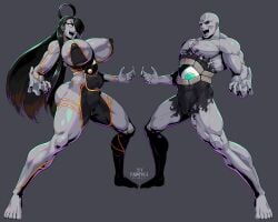 1boy 1girls 2d bald bald_man biceps big_breasts black_hair breasts busty capcom female hourglass_figure large_breasts long_hair male muscles muscular muscular_female muscular_male pecs pose posing rampage0118 robot robot_girl robot_humanoid robot_male seth_(doll_unit_0) seth_(street_fighter) seth_(street_fighter)_(male) street_fighter tagme wide_hips