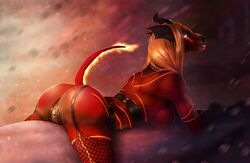 2017 anthro ass blonde_hair breast_squish breasts dragon female fishnet garter_straps hair horn looking_back markings pussy raised_tail red_skin solo viga