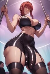 black_legwear bra cum cum_drip cum_on_body cum_on_breasts cum_on_face futa_focus futa_only futanari glasses huge_ass huge_breast huge_butt huge_cock latex latex_clothing makima_(chainsaw_man) milf mommy short_shorts shorts stockings stripper_pole